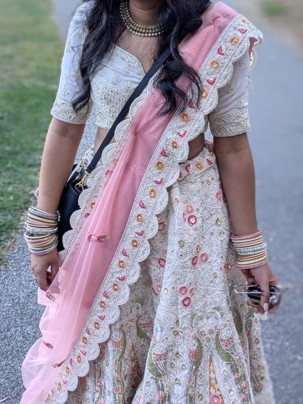 Women's Embroidered lengha in White & Pink